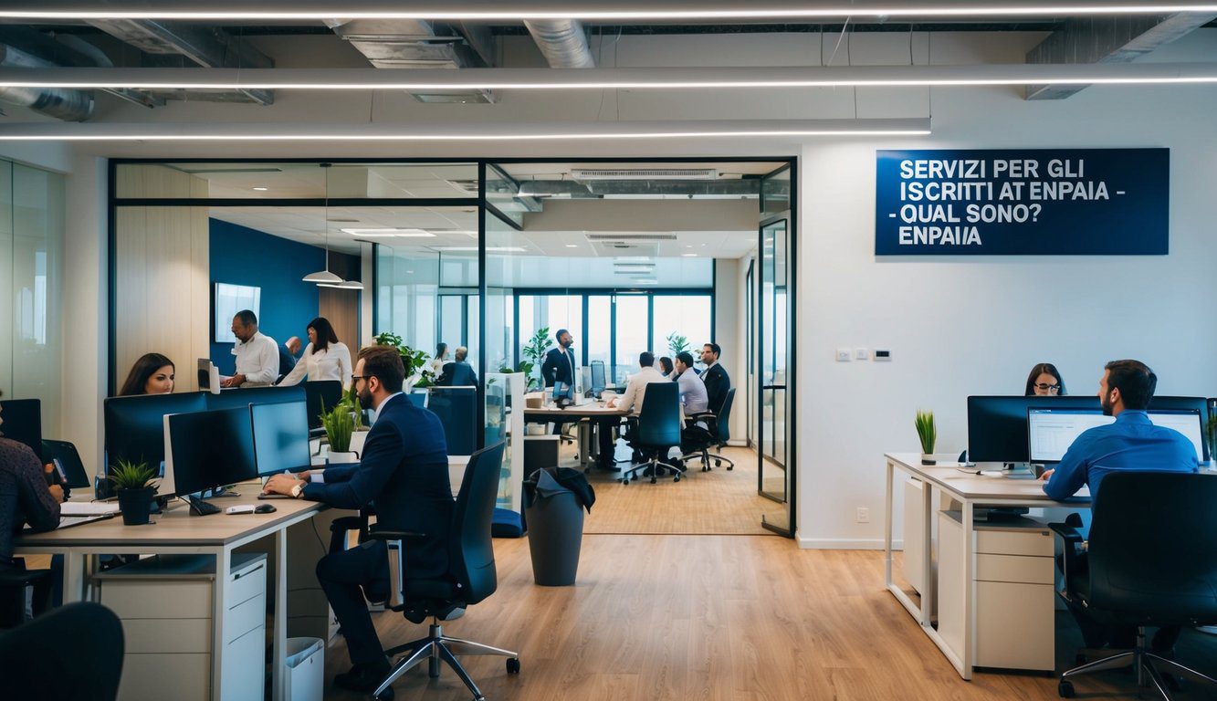 ENPAIA: Cos'è, Come Funziona, Soggetti Obbligati, Iscrizione, Servizi, Contributi, Durc e Pensione (2026) 6 Un ufficio affollato con persone alle scrivanie, un'area reception e una sala riunioni con un cartello che recita "Servizi Per Gli Iscritti a ENPAIA - Quali Sono? ENPAIA" sulla parete