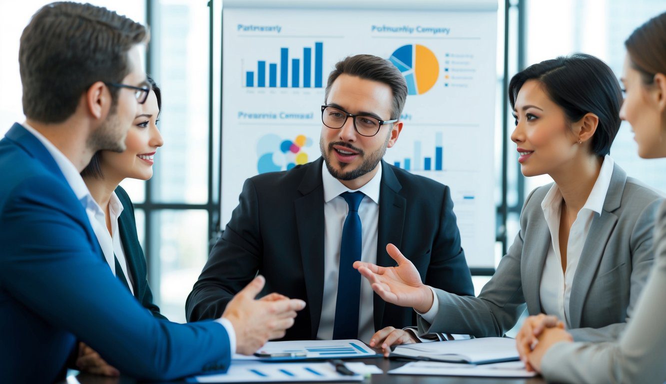 Tipi Di Società Di Persone: Quali Sono e Quale Scegliere? (2026) 2 Un gruppo di tre individui impegnati in una discussione, ognuno dei quali rappresenta un diverso tipo di società di partnership, con grafici e diagrammi sullo sfondo.