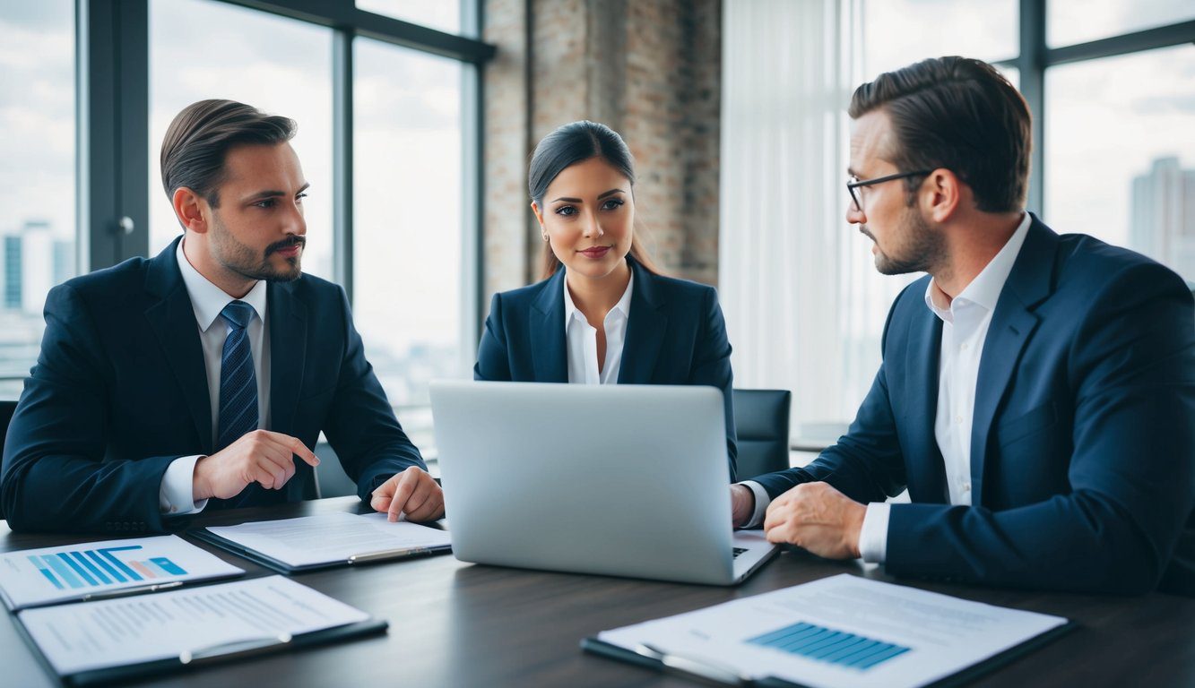 Tipi Di Società Di Persone: Quali Sono e Quale Scegliere? (2026) 3 Tre persone discutono di affari a un tavolo, con documenti legali e un laptop presenti. L'atmosfera è professionale e concentrata.