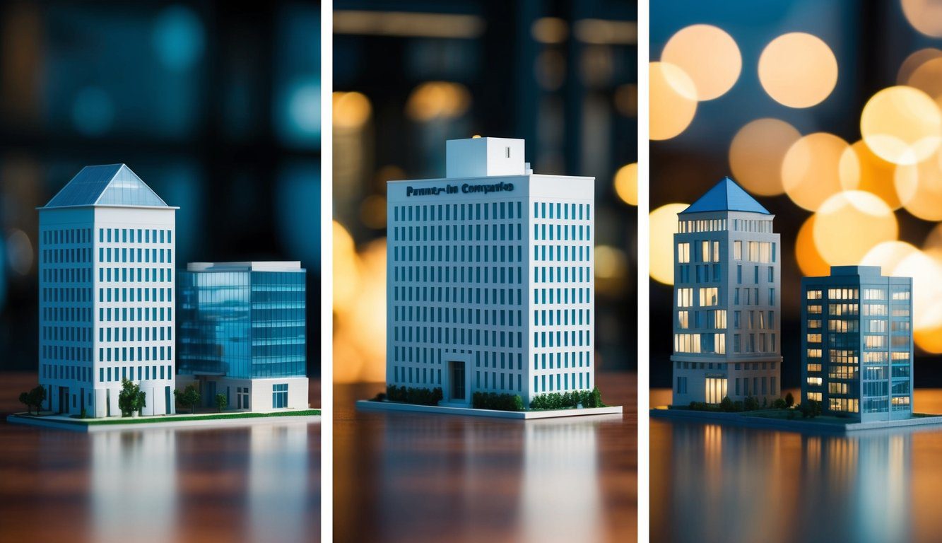 Tipi Di Società Di Persone: Quali Sono e Quale Scegliere? (2026) 4 Un gruppo di tre edifici distinti che rappresentano diversi tipi di società di partnership