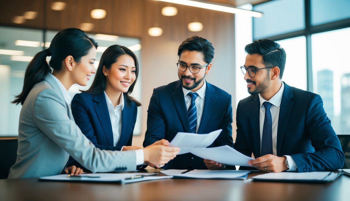 Tipi Di Società Di Persone: Quali Sono e Quale Scegliere? (2026) 5 Un gruppo di tre individui che discutono e scambiano documenti in un ambiente d'ufficio professionale