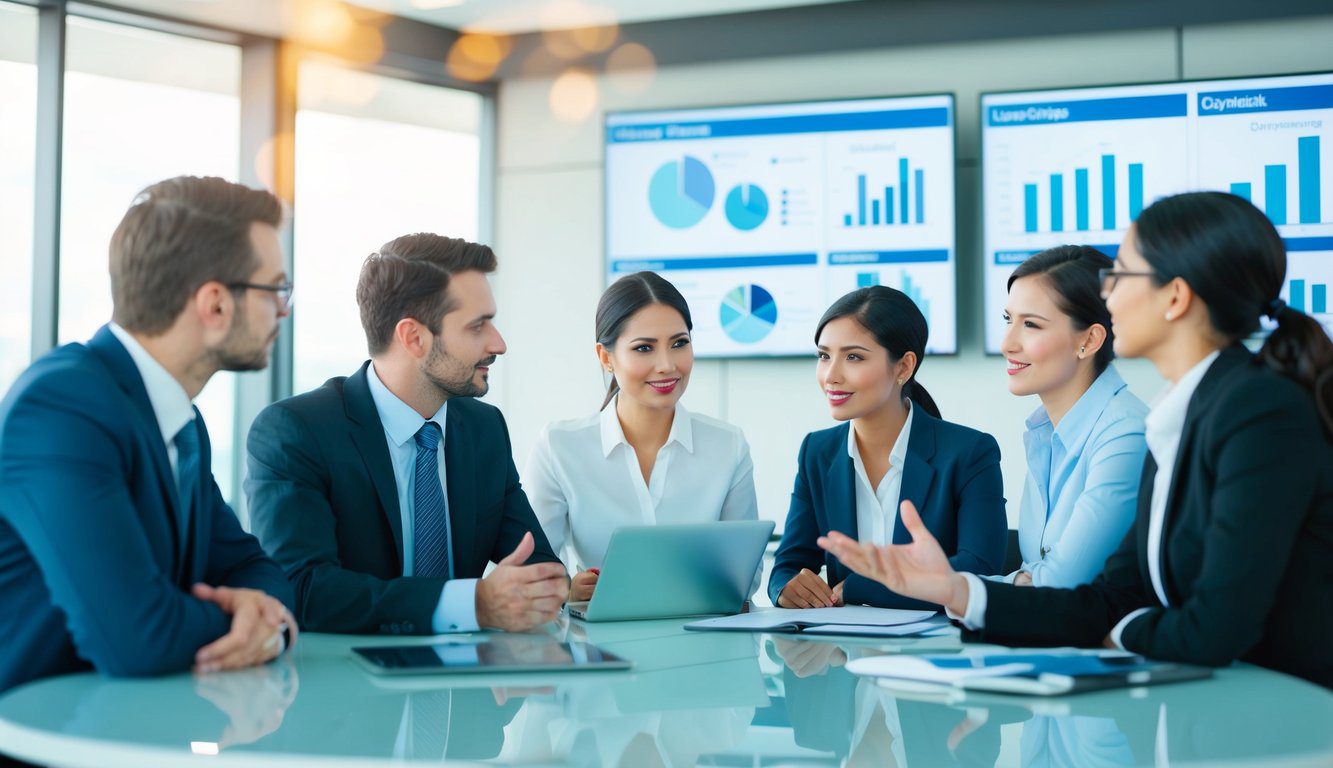 Tipi Di Società Di Persone: Quali Sono e Quale Scegliere? (2026) 1 Un gruppo di persone che discutono di affari in un ambiente d'ufficio moderno, con grafici e diagrammi visualizzati su uno schermo digitale sullo sfondo