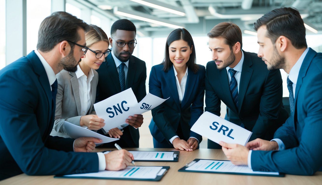 Differenze tra SNC e SRL: Quali Sono, Cosa Comportano e Quale Scegliere? (2026) 2 Un gruppo di persone in abbigliamento formale che discutono e confrontano documenti etichettati "SNC" e "SRL" in un moderno ambiente d'ufficio.
