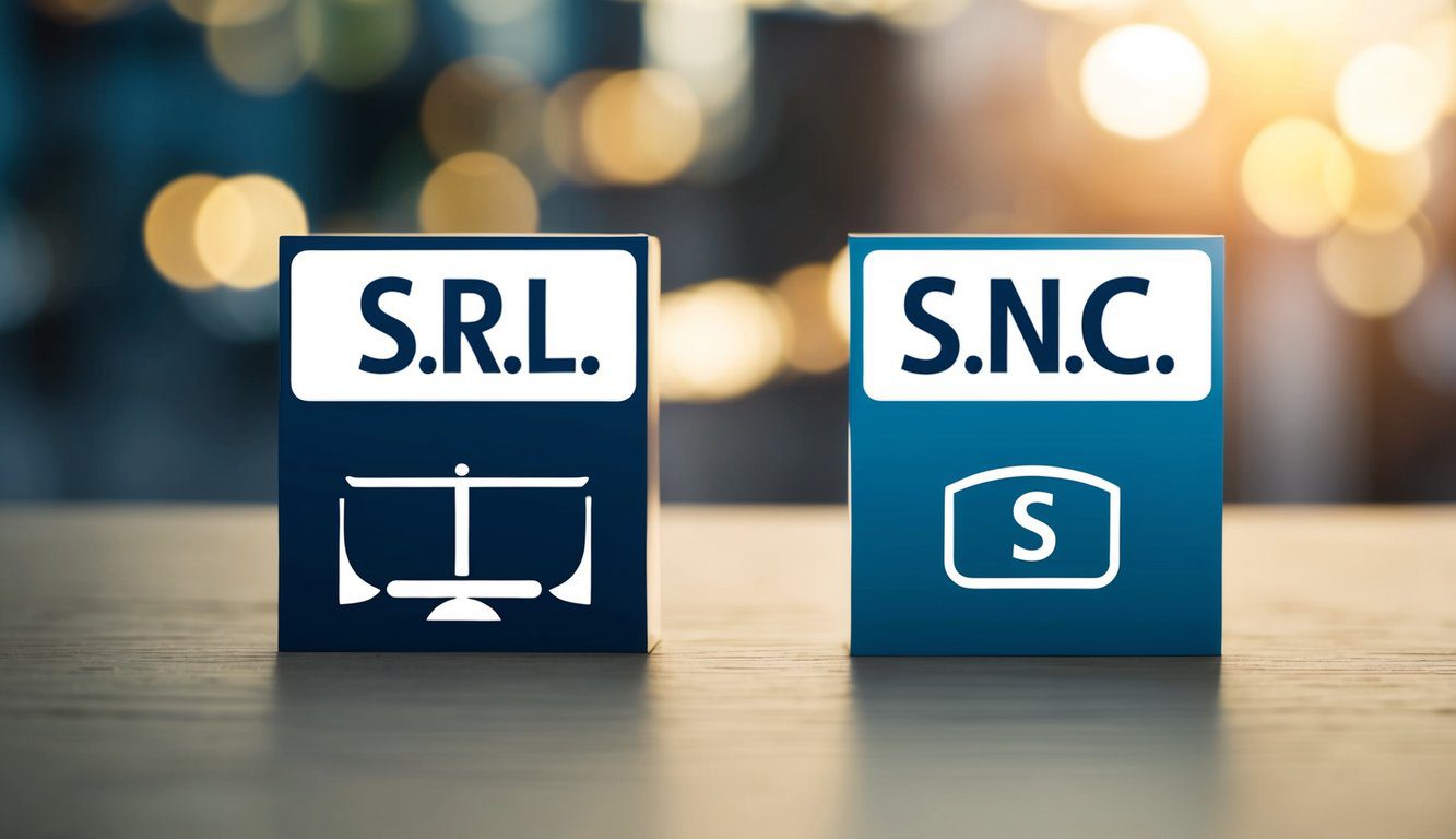 Differenze tra SNC e SRL: Quali Sono, Cosa Comportano e Quale Scegliere? (2026) 1 Due entità aziendali, S.r.l e S.n.c, rappresentate con loghi e simboli distinti, che illustrano le loro differenze e implicazioni