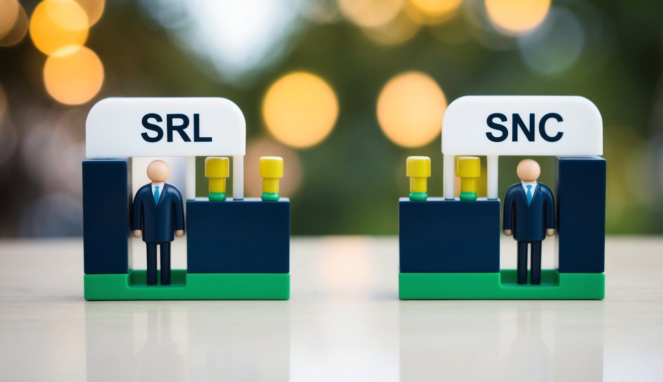 Differenze tra SNC e SRL: Quali Sono, Cosa Comportano e Quale Scegliere? (2026) 3 Due entità aziendali, Srl e Snc, rappresentate affiancate con caratteristiche e attributi contrastanti per illustrare le loro differenze e le ragioni per scegliere l'una rispetto all'altra.