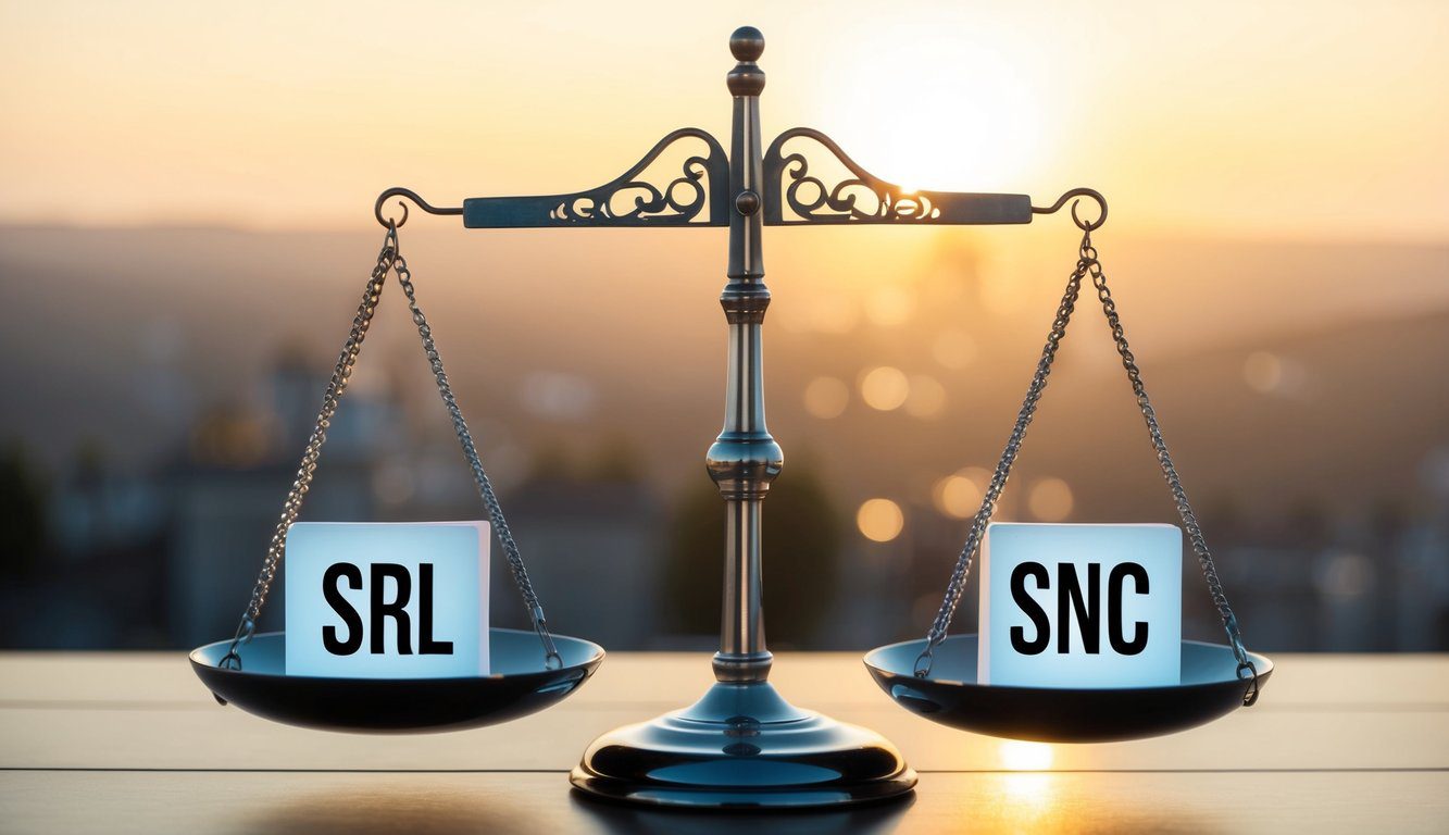 Differenze tra SNC e SRL: Quali Sono, Cosa Comportano e Quale Scegliere? (2026) 6 Una bilancia che pesa i pro e i contro di SRL e SNC, con SRL da un lato e SNC dall'altro, simboleggiando il processo decisionale per scegliere la forma giuridica appropriata in Italia.