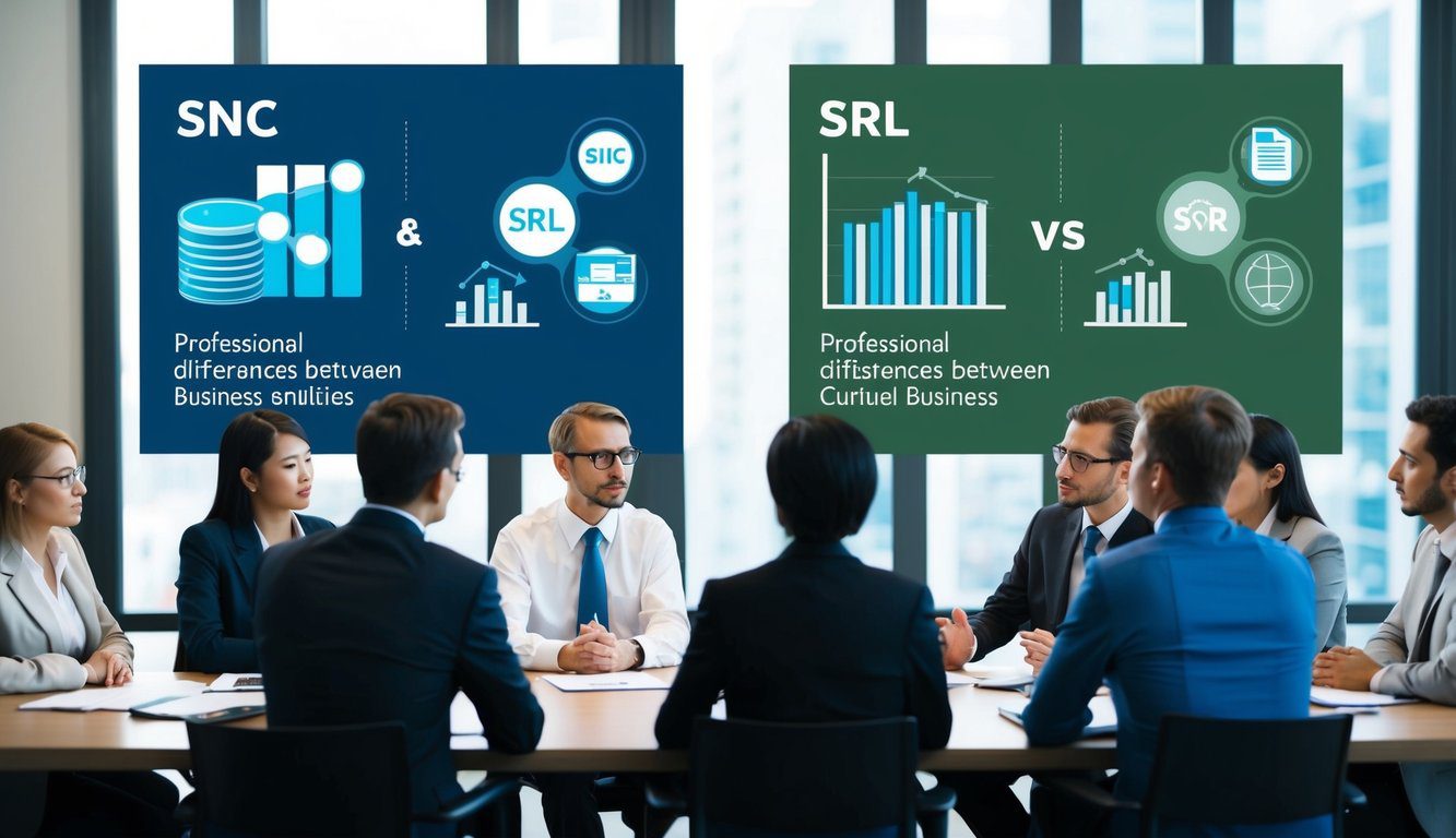 Differenze tra SNC e SRL: Quali Sono, Cosa Comportano e Quale Scegliere? (2026) 4 Un gruppo di persone che discutono e confrontano due entità aziendali, con elementi visivi come grafici e diagrammi per illustrare le differenze tra SNC e SRL