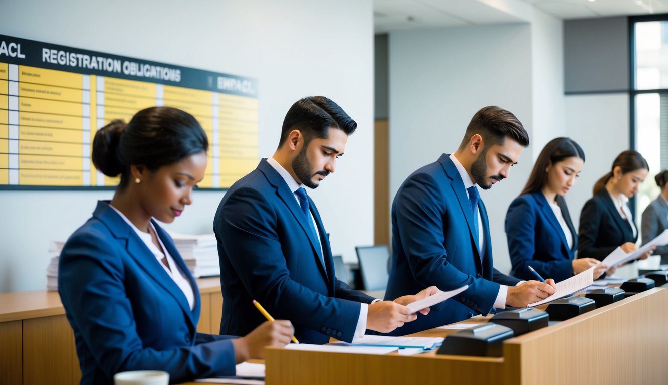 ENPACL: Cos'è, Come Funziona, Soggetti Obbligati, Iscrizione, Servizi, Contributi e Pensione (2026) 1 Un gruppo di professionisti che compilano documenti presso un banco di registrazione per l'ENPACL, con un elenco di obblighi affisso al muro