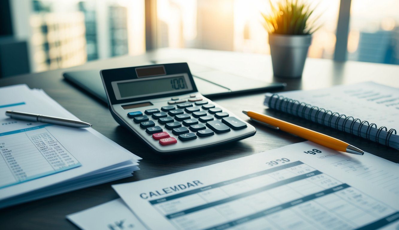 ENPACL: Cos'è, Come Funziona, Soggetti Obbligati, Iscrizione, Servizi, Contributi e Pensione (2026) 3 Una scrivania ingombra di documenti finanziari, una calcolatrice e un calendario, con una penna e carta pronti per i calcoli.