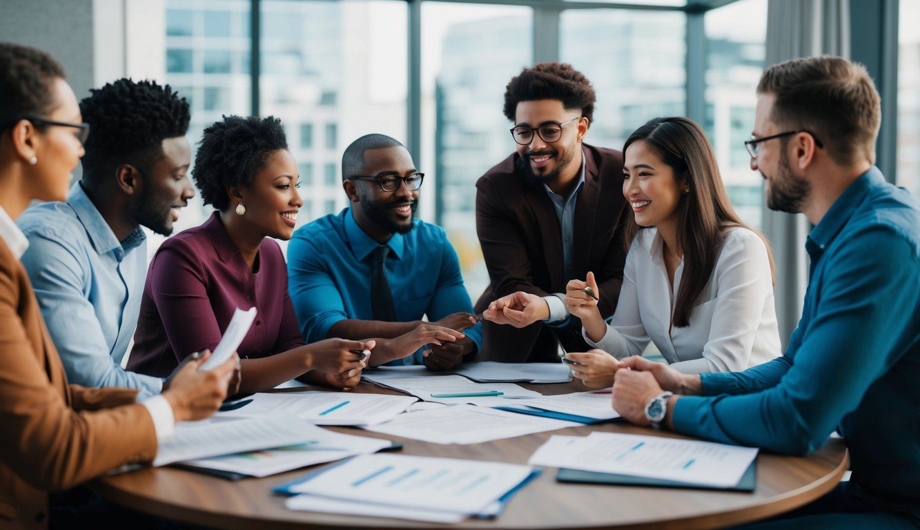 ENPACL: Cos'è, Come Funziona, Soggetti Obbligati, Iscrizione, Servizi, Contributi e Pensione (2026) 7 Un gruppo di individui diversi si riunisce attorno a un tavolo, impegnato in una vivace discussione, con fogli e documenti sparsi davanti a loro.