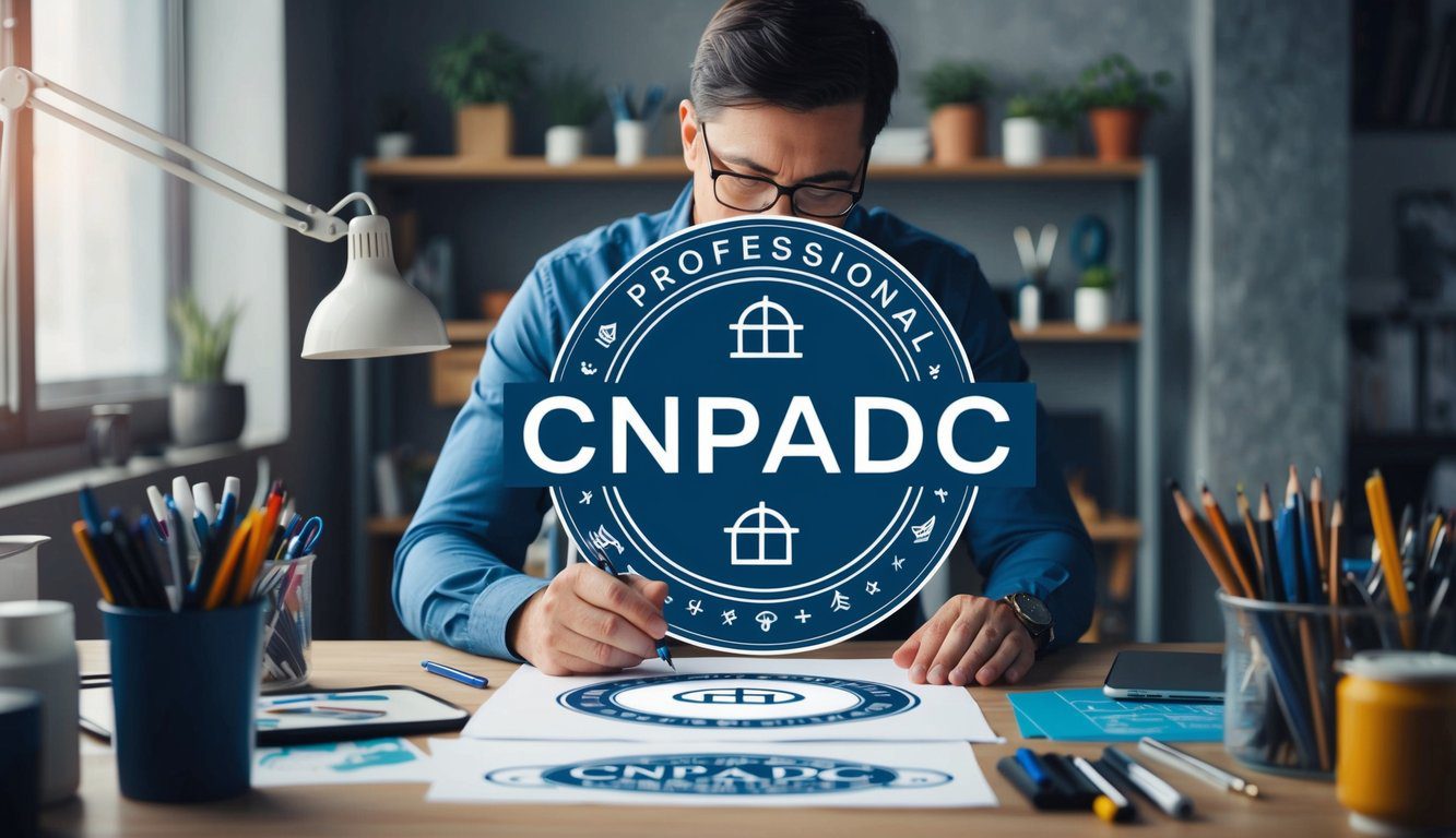 CNPADC: Cos'è, Come Funziona, Soggetti Obbligati, Iscrizione, Servizi, Contributi e Pensione (2026) 2 Un artista professionista seduto a una scrivania, circondato da materiali artistici e che sta disegnando un'illustrazione dettagliata del logo CNPADC e dei simboli correlati.