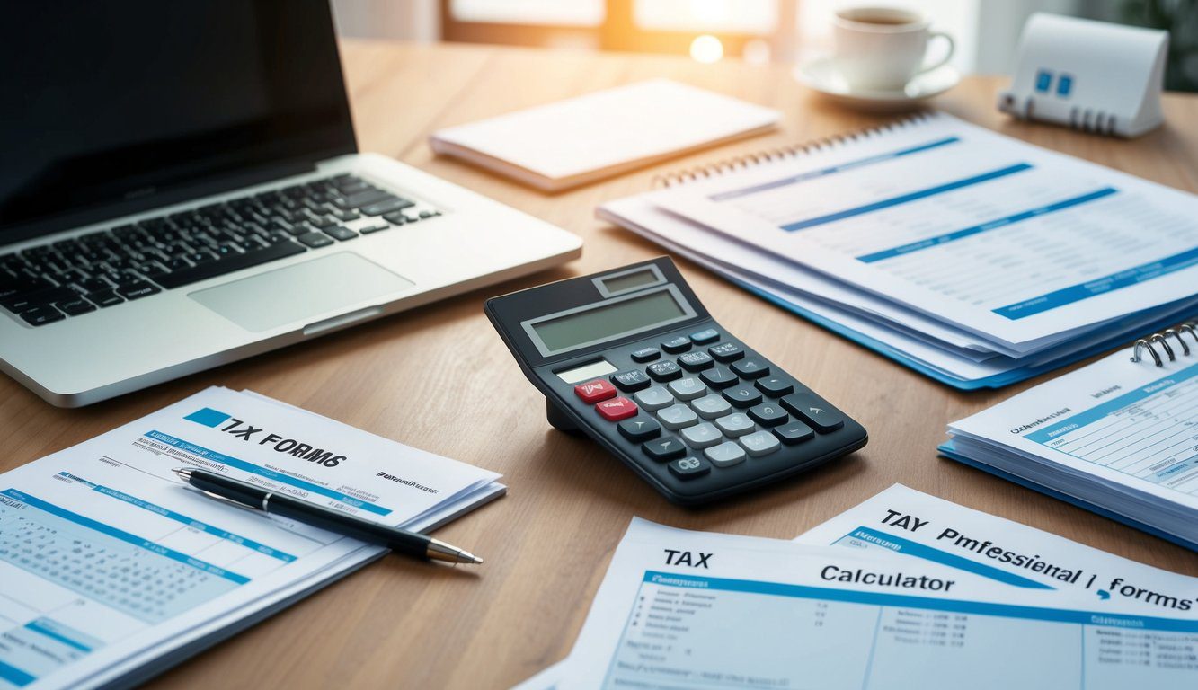 CNPADC: Cos'è, Come Funziona, Soggetti Obbligati, Iscrizione, Servizi, Contributi e Pensione (2026) 4 Una scrivania con una calcolatrice, moduli fiscali e un calendario, circondata da documenti finanziari e un laptop