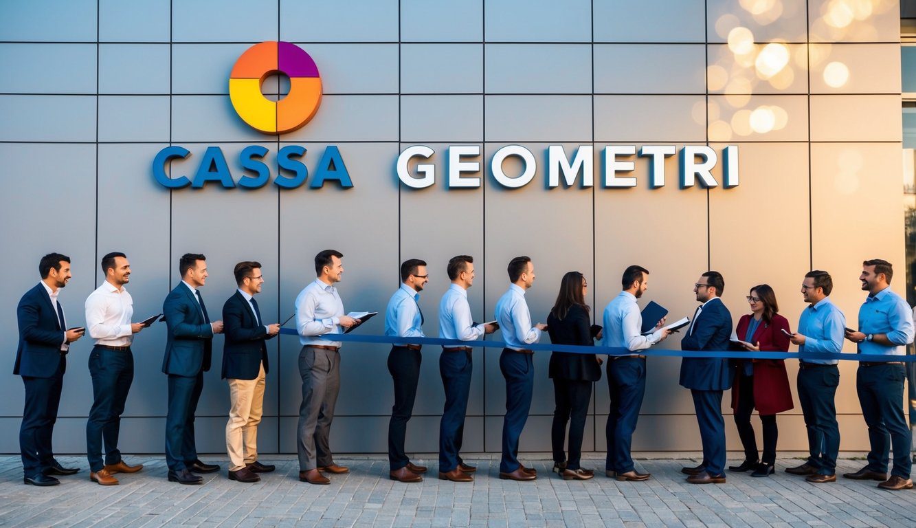 Un gruppo di architetti e ingegneri è in fila, in attesa di registrarsi presso l'ufficio della Cassa Geometri. La facciata dell'edificio presenta il logo dell'organizzazione.