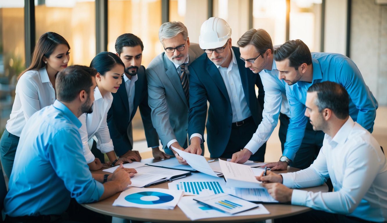 Un gruppo di architetti e ingegneri si riunisce attorno a un tavolo, discutendo e rivedendo documenti relativi ai contributi CIPAG.