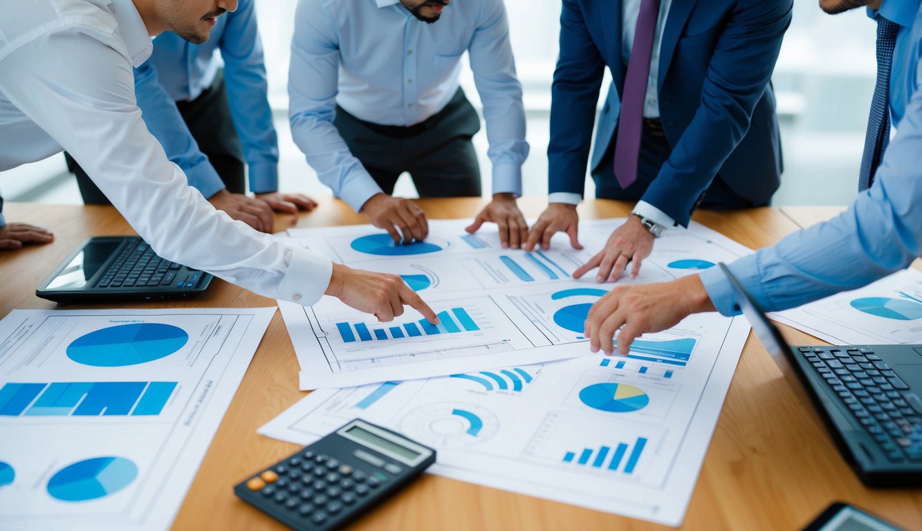 Un gruppo di architetti si riunisce attorno a un tavolo, discutendo e condividendo informazioni. I progetti e i disegni tecnici sono sparsi, mentre computer e calcolatrici sono visibili sul tavolo.