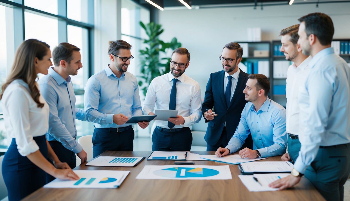 Un gruppo di architetti e ingegneri che ricevono assistenza dall'organizzazione Geometri Cassa, discutendo piani e progetti in un contesto professionale.