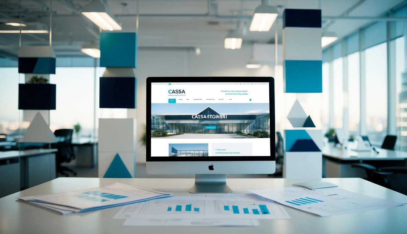 Uno spazio ufficio moderno con decorazioni geometriche e piani architettonici sparsi su una scrivania. Un monitor del computer mostra il sito web per "Cassa Geometri."