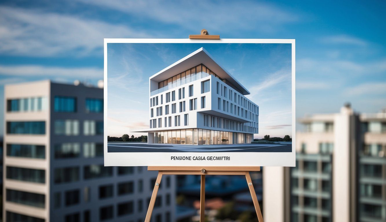 Un disegno architettonico della Pensione Cassa Geometri, con forme geometriche e linee pulite, ambientato su uno sfondo di edifici moderni e cieli blu.