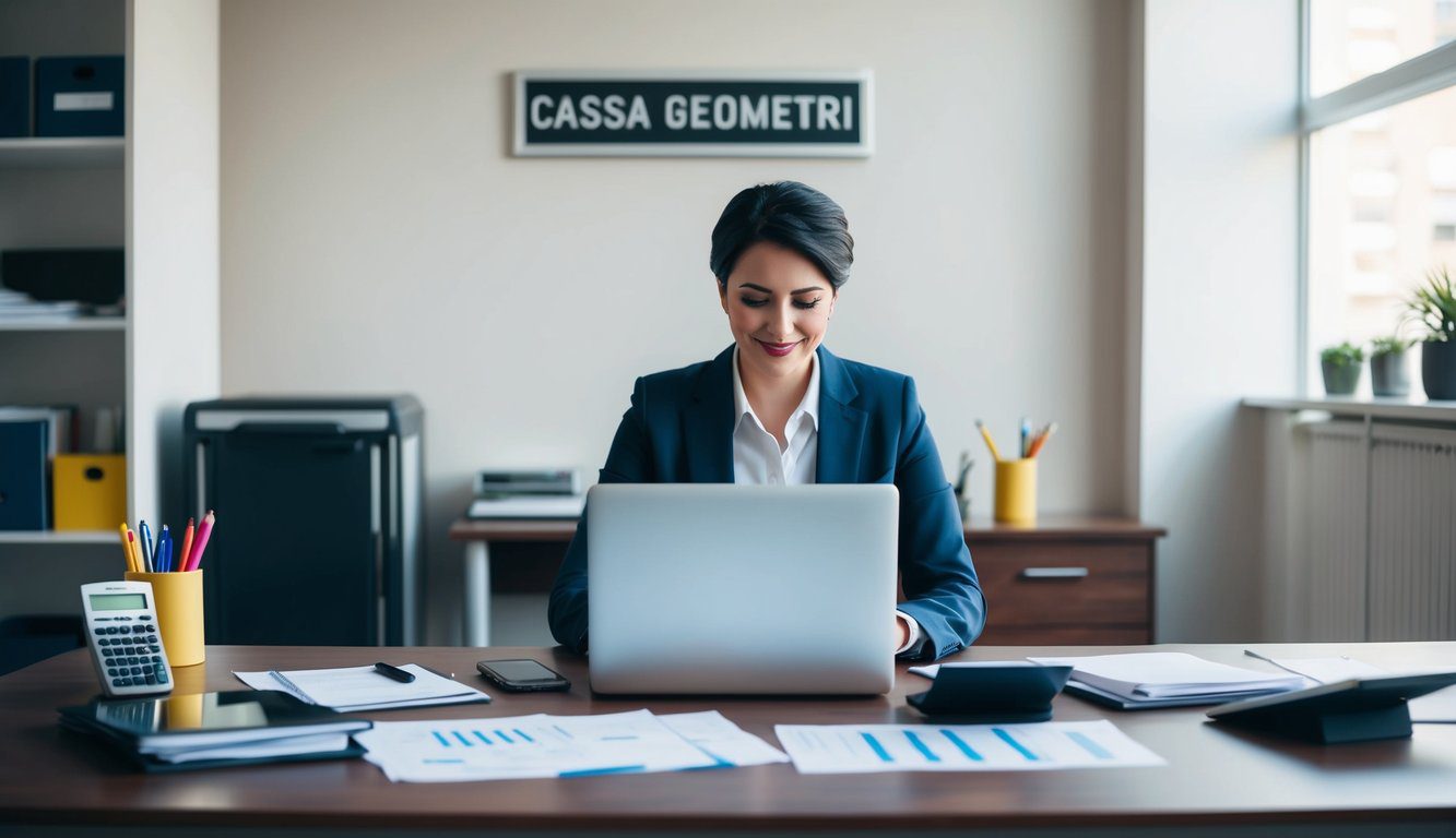 Una persona seduta a una scrivania con un laptop e documenti, circondata da materiale d'ufficio e una calcolatrice. Un cartello sul muro dice "Cassa Geometri."