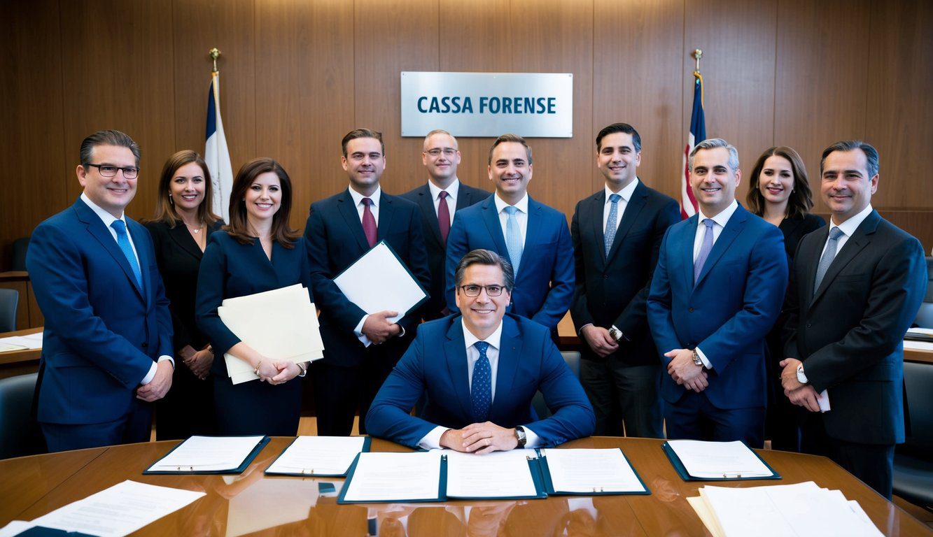Un gruppo di professionisti si è riunito in un'aula di tribunale, con documenti legali e un'insegna che mostra "Cassa Forense" sulla parete.