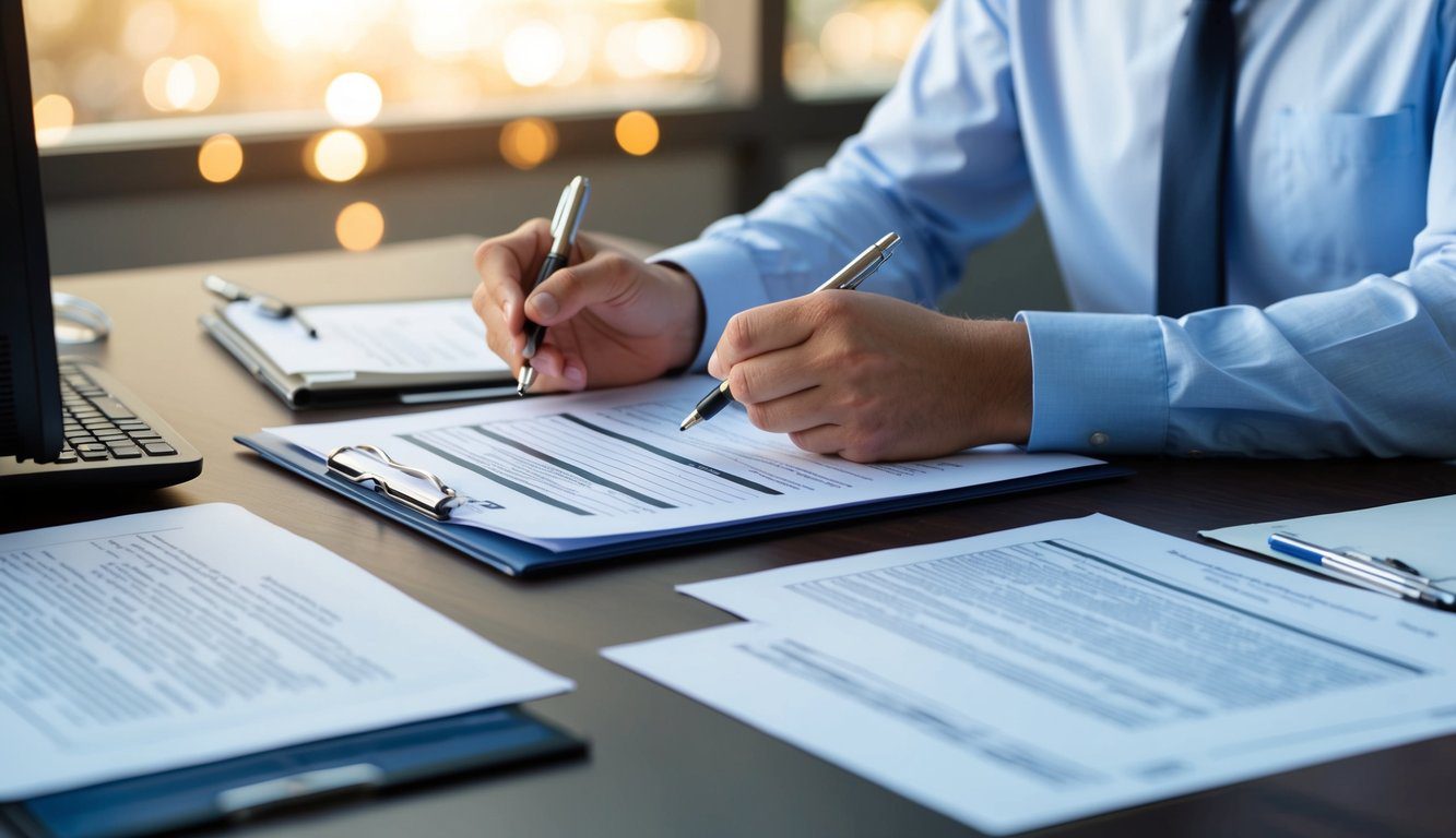Una persona che compila documenti a una scrivania con una penna, circondata da documenti legali e un computer