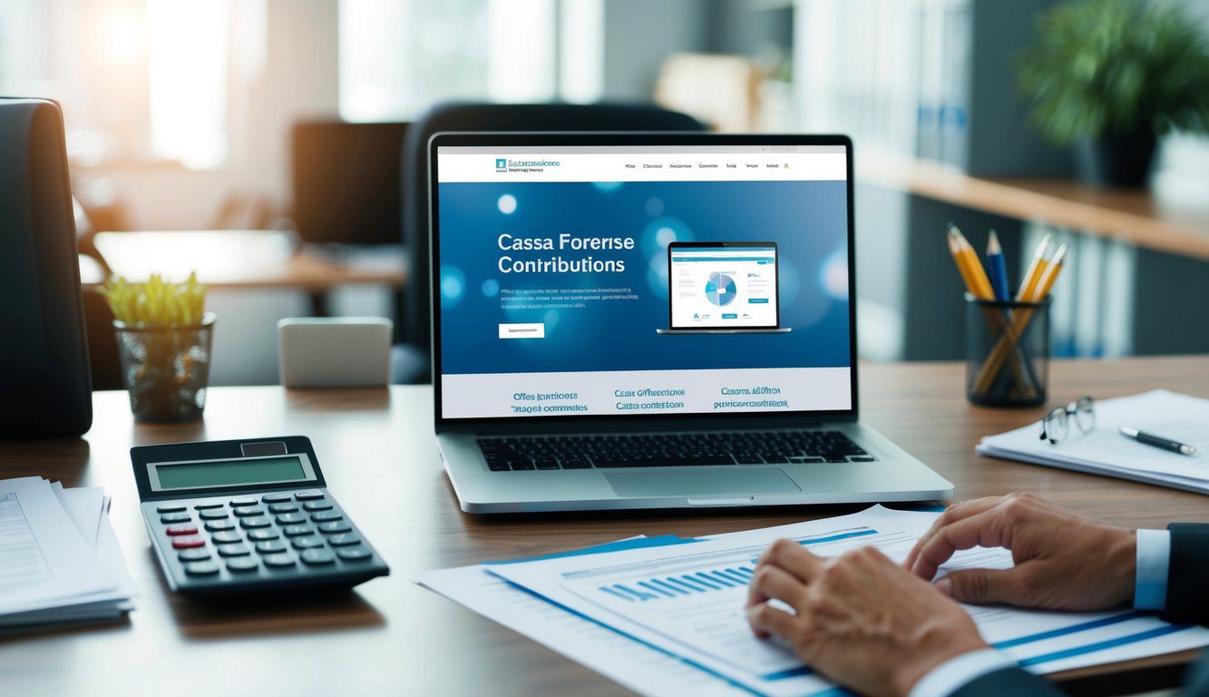 Una scrivania d'ufficio occupata con una calcolatrice, documenti e un laptop aperto su una pagina web riguardante i contributi della Cassa Forense
