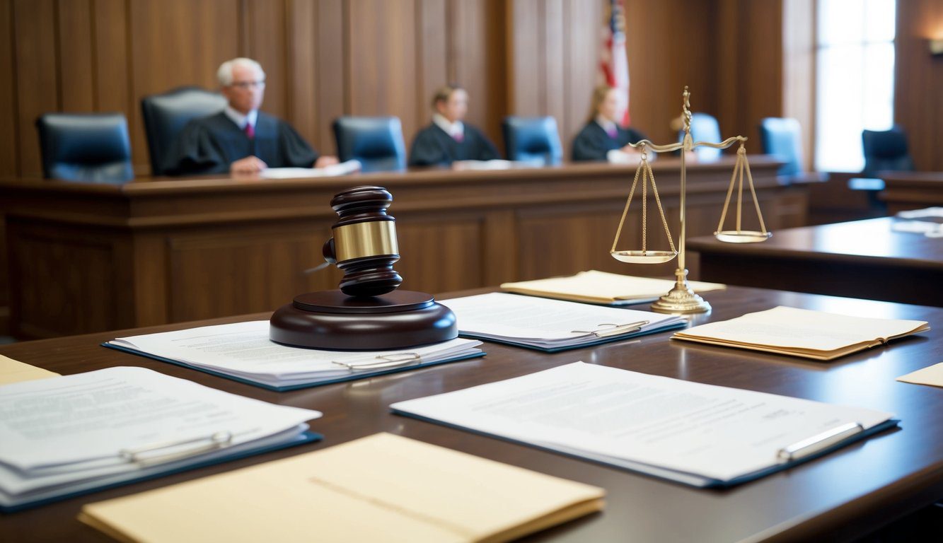 Un'aula di tribunale con la panchina del giudice, i tavoli degli avvocati e il banco dei testimoni. Documenti e atti legali sono sparsi sui tavoli.