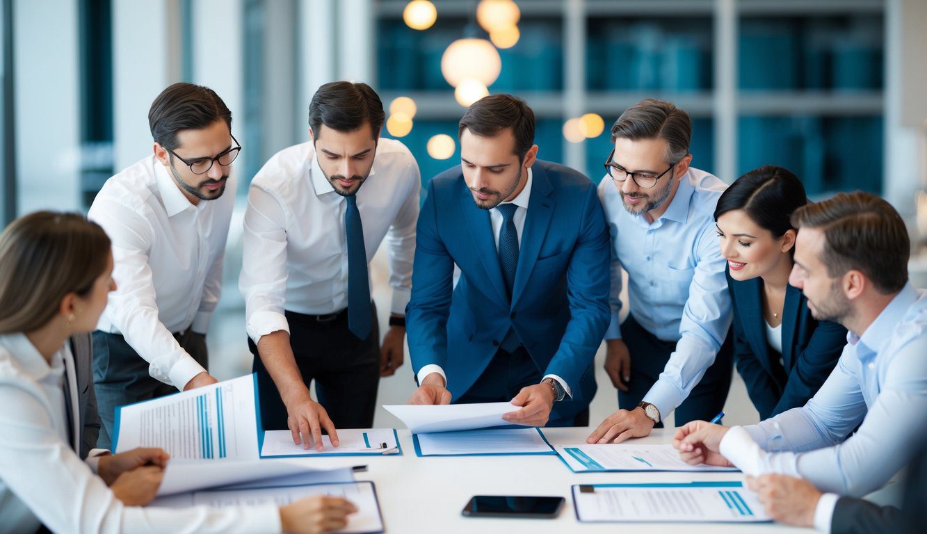 Un gruppo di architetti si riunisce attorno a un tavolo, discutendo e rivedendo documenti relativi ai servizi forniti dalla Cassa Geometri