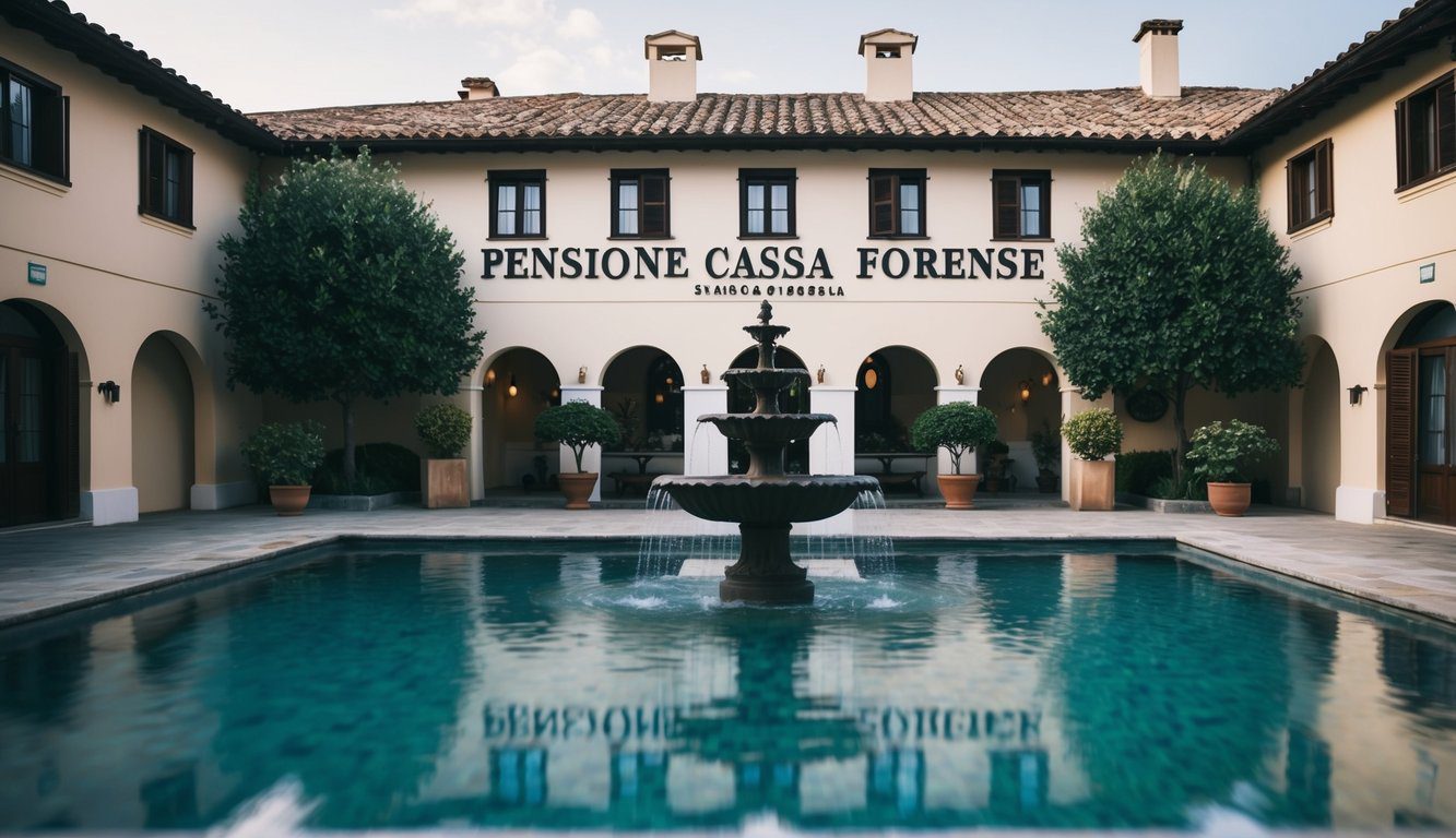 Un tranquillo cortile con una fontana e edifici circostanti, con il nome "Pensione Cassa Forense" ben in evidenza
