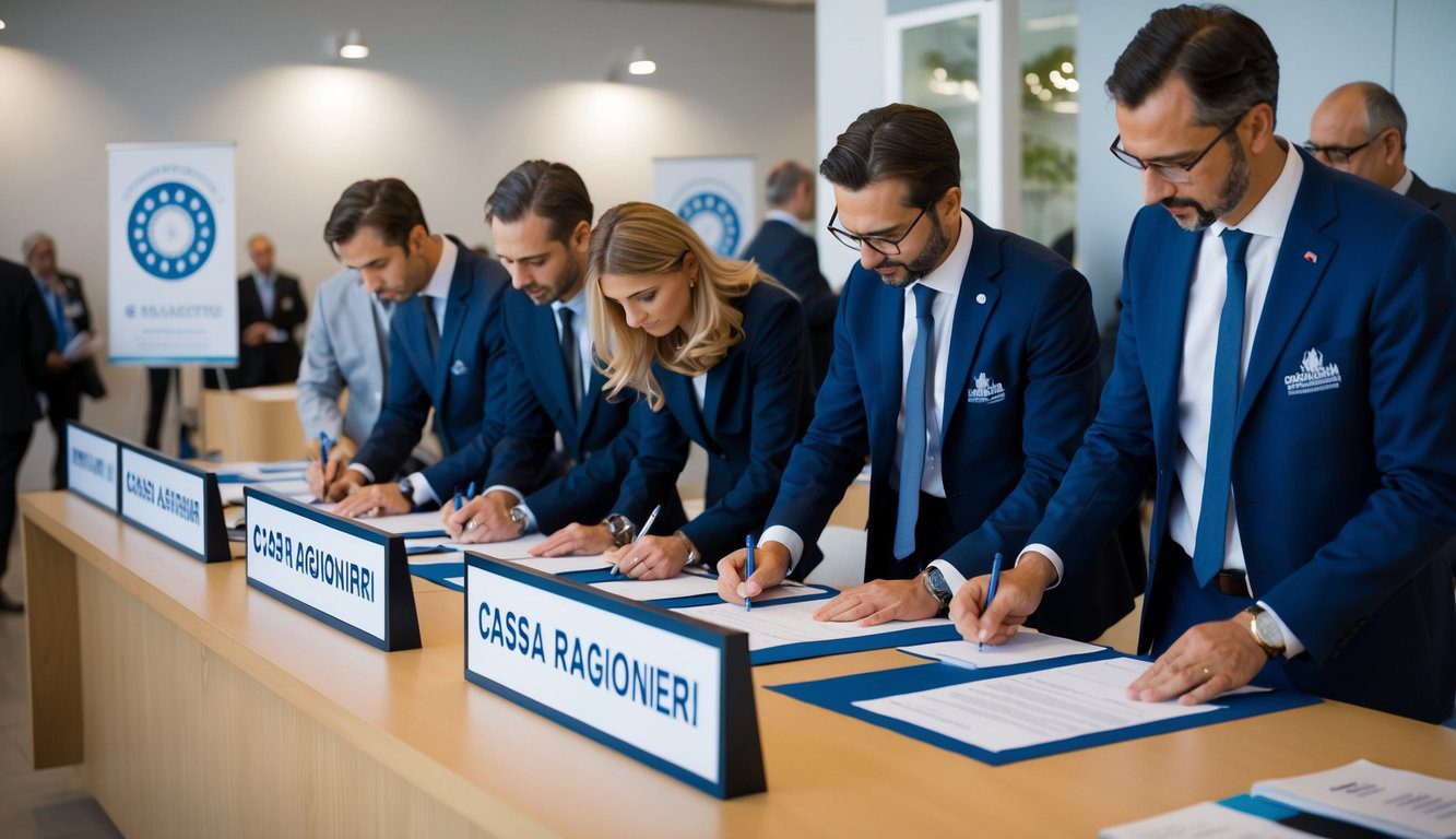 Un gruppo di professionisti che compilano documenti presso un banco di registrazione per la "Cassa Ragionieri", con un'insegna che mostra il nome e il logo dell'organizzazione.