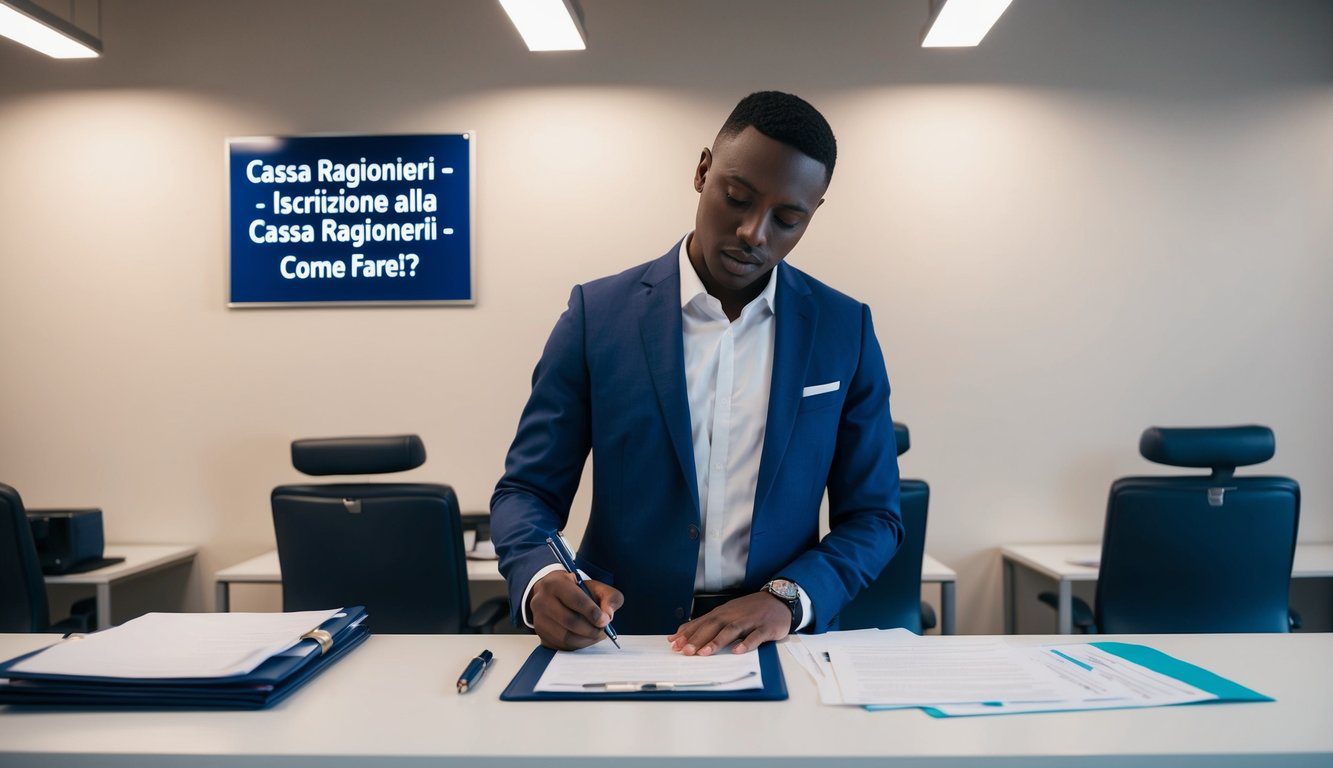 Una persona in piedi a una scrivania, che compila documenti con una penna, mentre un cartello sopra legge "Cassa Ragionieri - Iscrizione Alla Cassa Ragionieri - Come Fare?"