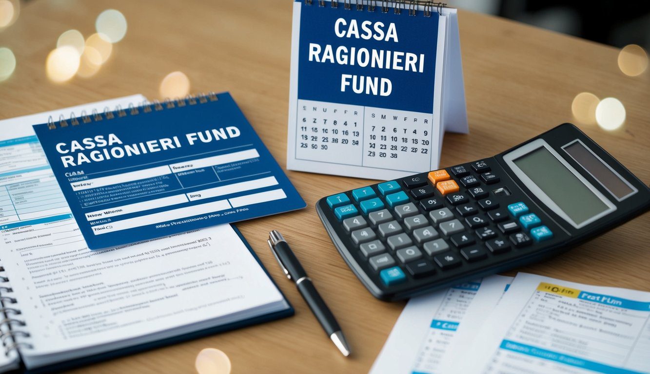 Una scrivania con una calcolatrice, moduli fiscali e un calendario che mostra le scadenze importanti per contribuire al fondo Cassa Ragionieri