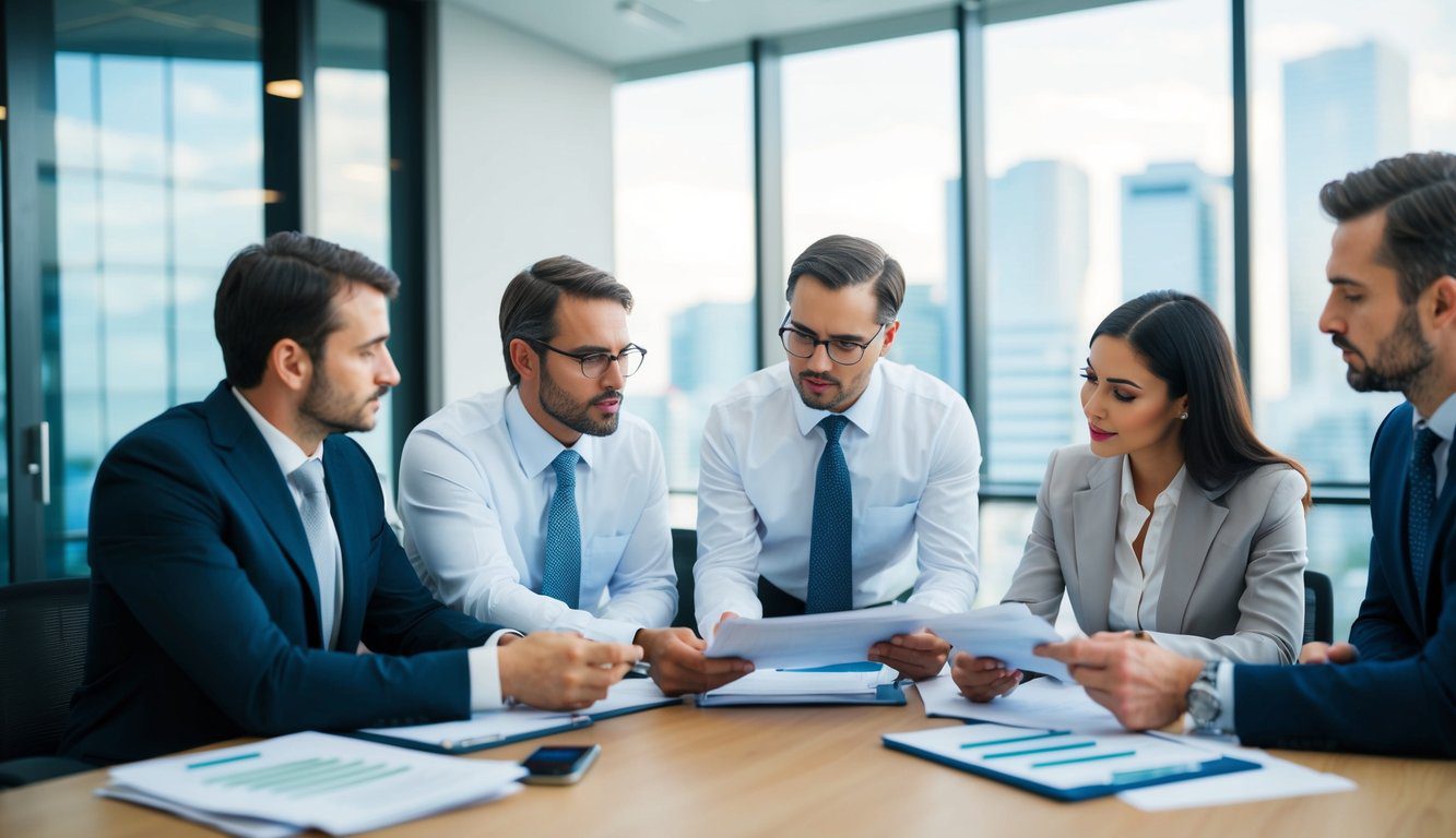 Un gruppo di contabili che discutono e revisionano documenti finanziari presso un ufficio Cassa Ragionieri