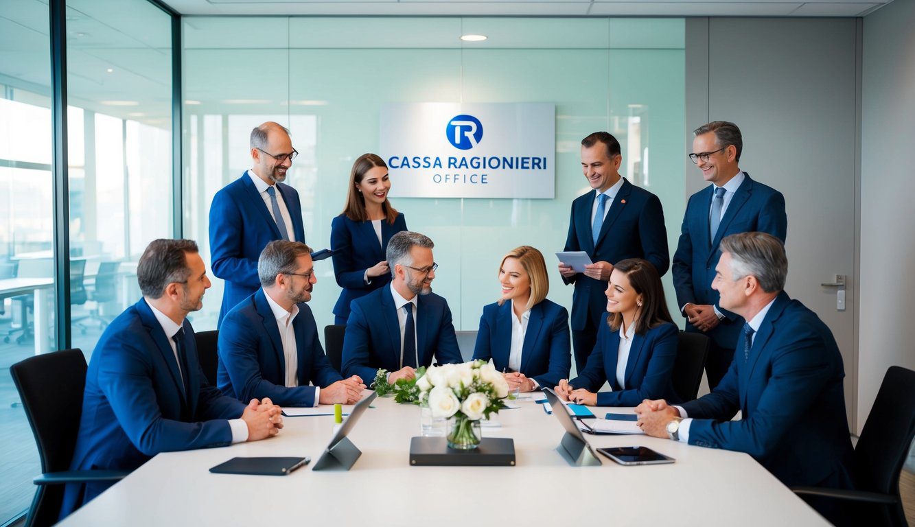 Un gruppo di professionisti presso un ufficio Cassa Ragionieri, che discute e riceve vari servizi disponibili per i membri