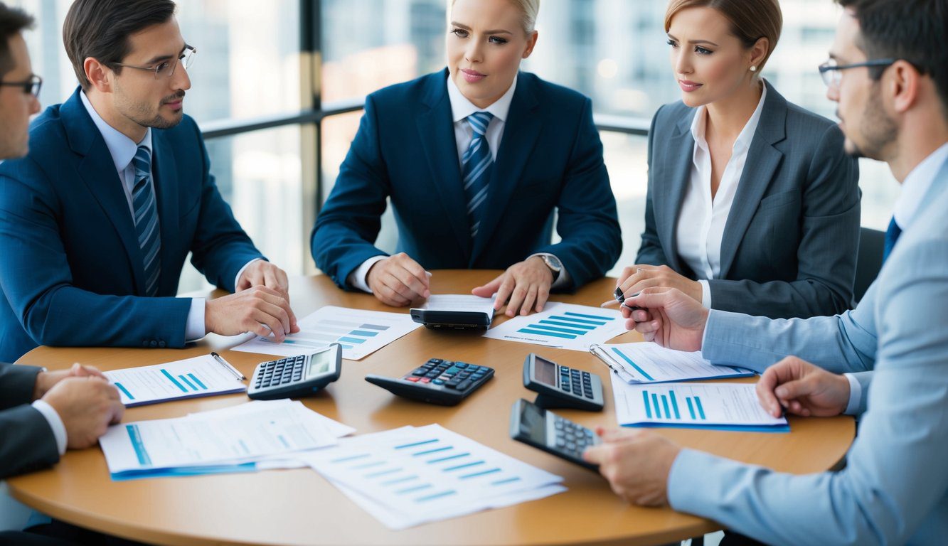 Un gruppo di professionisti è seduto attorno a un tavolo rotondo a discutere dei programmi di assistenza finanziaria. Documenti e calcolatrici sono sparsi sul tavolo.
