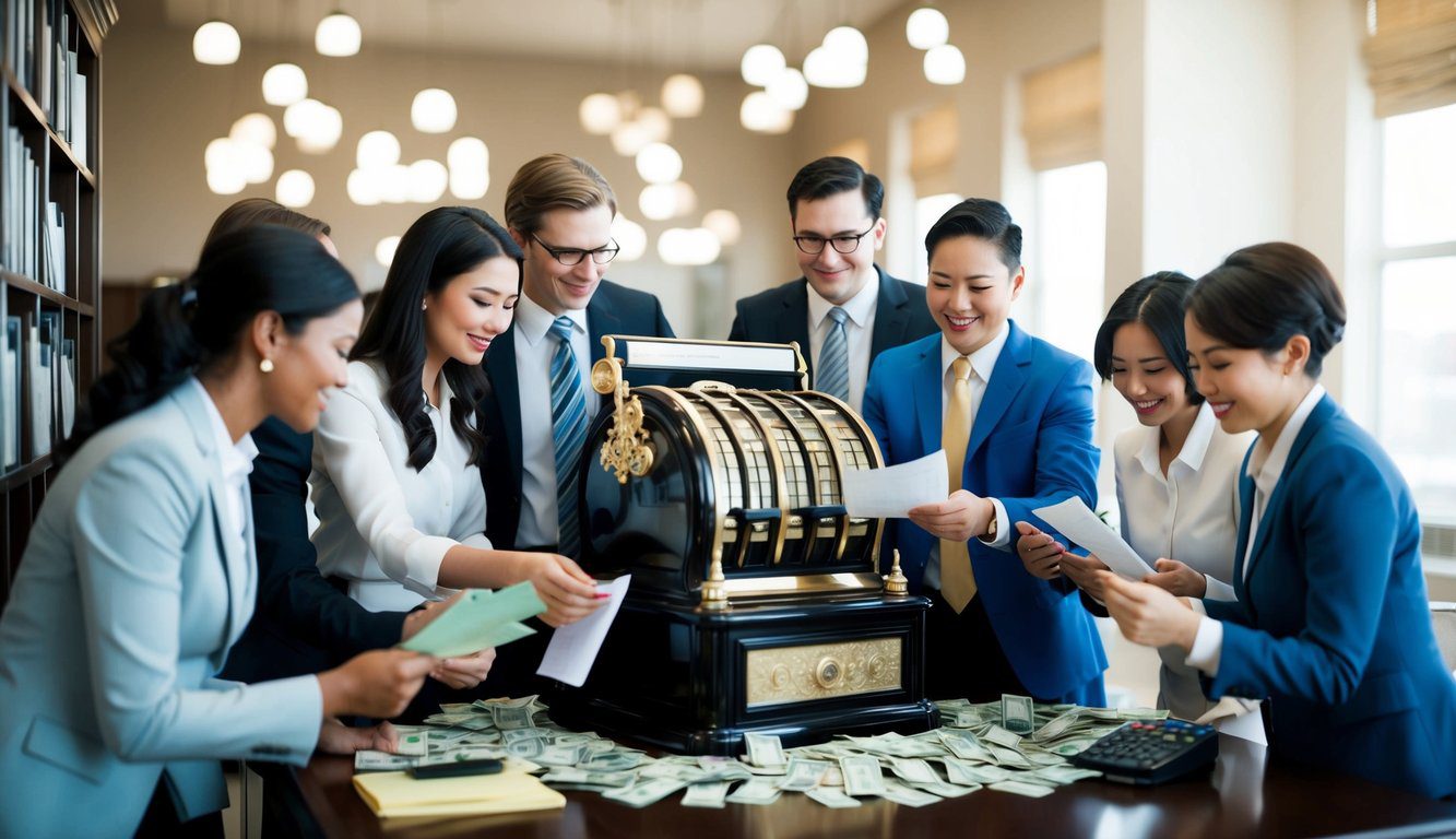 Un gruppo di contabili si riunisce attorno a una grande cassa registratrice ornata, scambiando documenti e contando denaro. La stanza è riempita dal suono dei tasti che cliccano e dei fogli che frusciano.