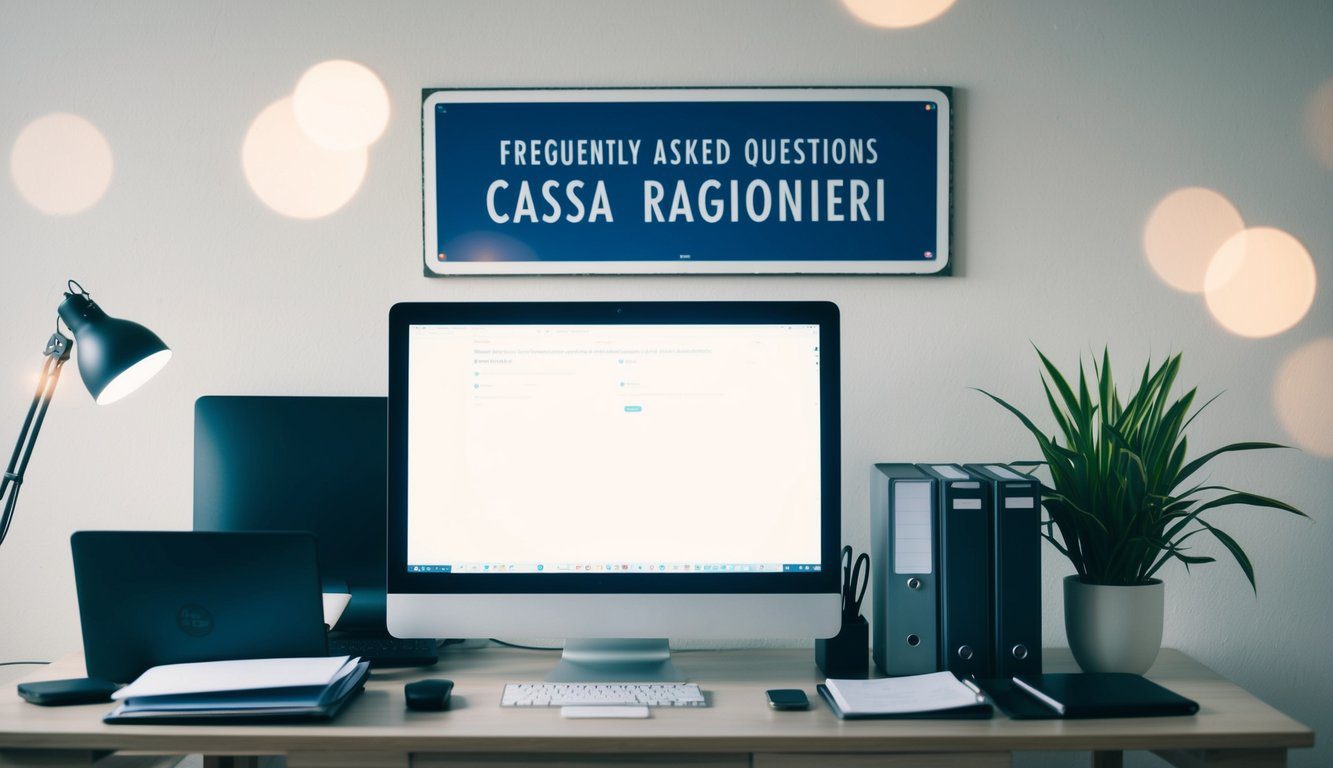 Una scrivania con un computer, un telefono e dei documenti. Un cartello con "Domande Frequenti Cassa Ragionieri" sopra la scrivania.
