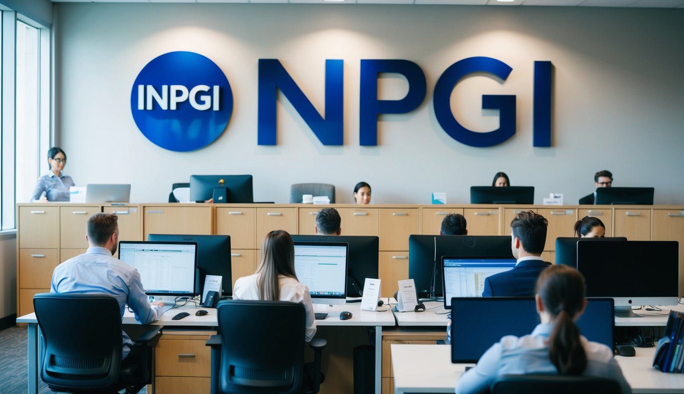 INPGI: Cos'è, Come Funziona, Soggetti Obbligati, Iscrizione, Servizi, Contributi e Pensione (2026) 1 Un ufficio moderno con persone che lavorano a scrivanie, computer e armadietti per i documenti. Il logo dell'INPGI esposto in modo prominente sulla parete