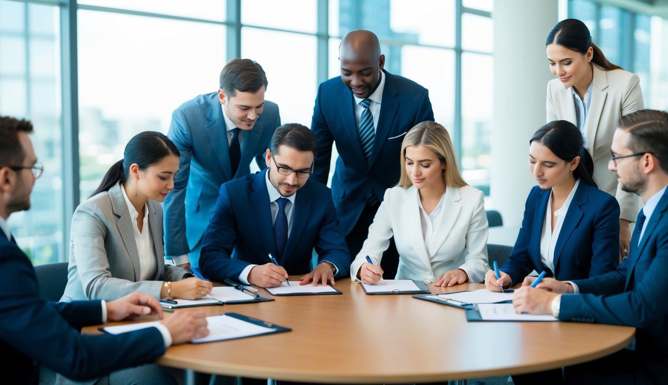 INPGI: Cos'è, Come Funziona, Soggetti Obbligati, Iscrizione, Servizi, Contributi e Pensione (2026) 2 Un gruppo di professionisti si riunisce attorno a un tavolo, discutendo e firmando documenti relativi alla loro iscrizione obbligatoria all'organizzazione INPGI.