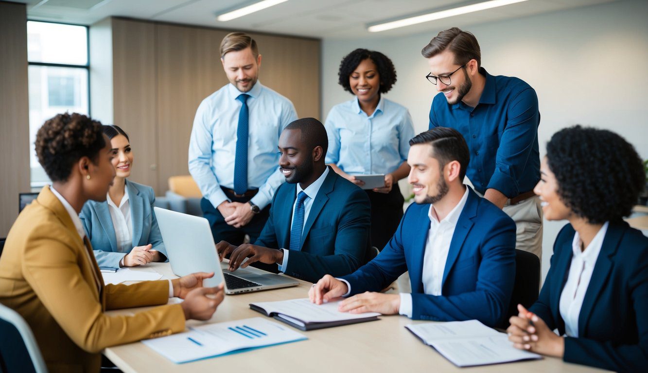 INPGI: Cos'è, Come Funziona, Soggetti Obbligati, Iscrizione, Servizi, Contributi e Pensione (2026) 6 Un gruppo di persone che riceve assistenza presso un ufficio INPGI, con membri dello staff che forniscono supporto e informazioni.