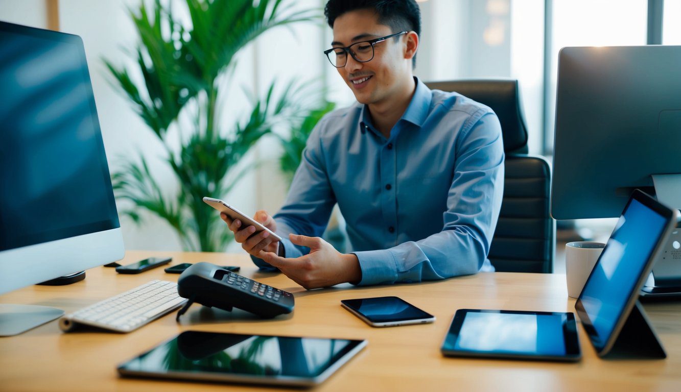 INPGI: Cos'è, Come Funziona, Soggetti Obbligati, Iscrizione, Servizi, Contributi e Pensione (2026) 8 Una persona seduta a una scrivania, circondata da vari dispositivi di comunicazione come un telefono, un computer e un tablet. La persona è impegnata in una conversazione con l'INPGI attraverso uno di questi dispositivi.