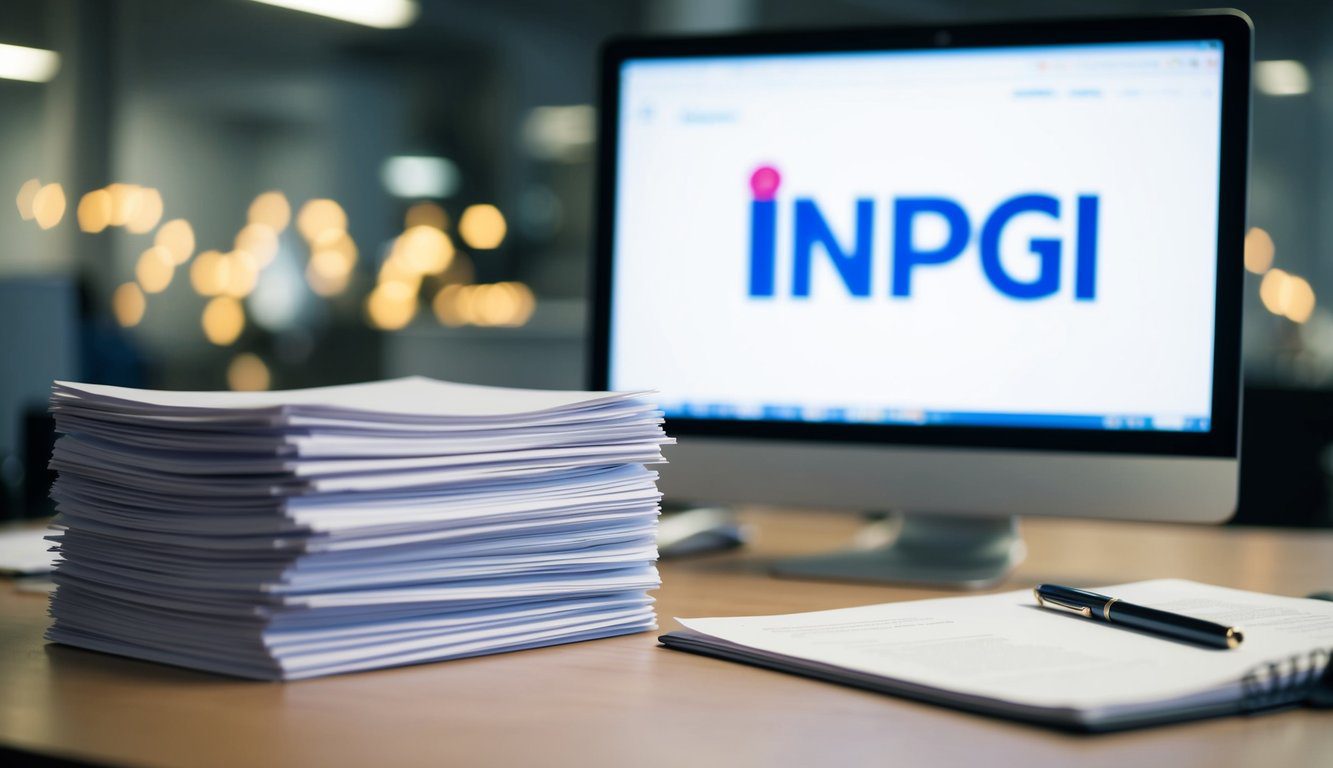 INPGI: Cos'è, Come Funziona, Soggetti Obbligati, Iscrizione, Servizi, Contributi e Pensione (2026) 5 Una pila di documenti e una penna su una scrivania, con un computer che mostra il logo dell'INPGI sullo sfondo