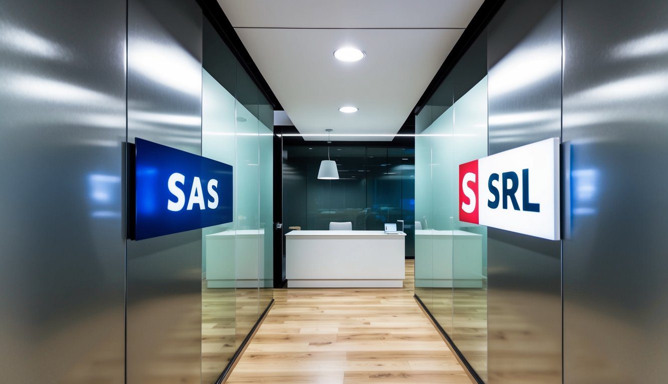 Una vista panoramica dettagliata di un ambiente d'ufficio moderno con due entità aziendali distinte, SAS e SRL, visualizzate su insegne separate.