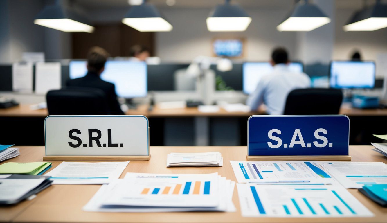 Una scena d'ufficio occupata con due scrivanie separate, una etichettata "S.r.l" e l'altra "S.A.S." Ogni scrivania ha diversi documenti e pratiche aziendali sparsi sopra.