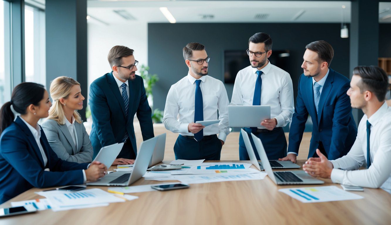 Un gruppo di professionisti del settore che discutono le differenze tra una SAS e una SRL in un moderno ambiente d'ufficio con schermi di computer e documenti sparsi sul tavolo