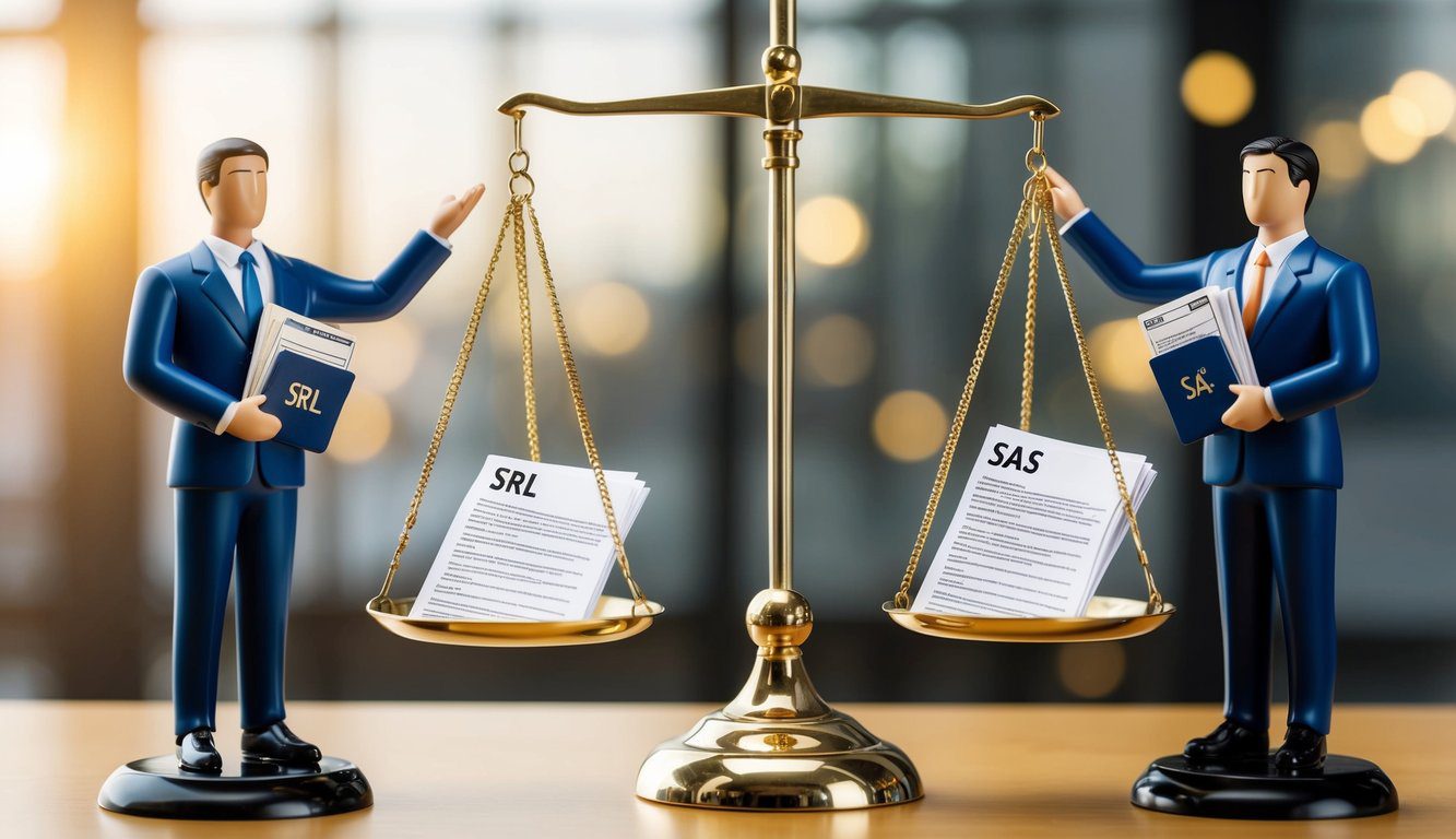 Due figure che rappresentano SRL e SAS, in piedi su lati opposti di una bilancia, ciascuna con un insieme di documenti legali unici. La bilancia è bilanciata al centro.