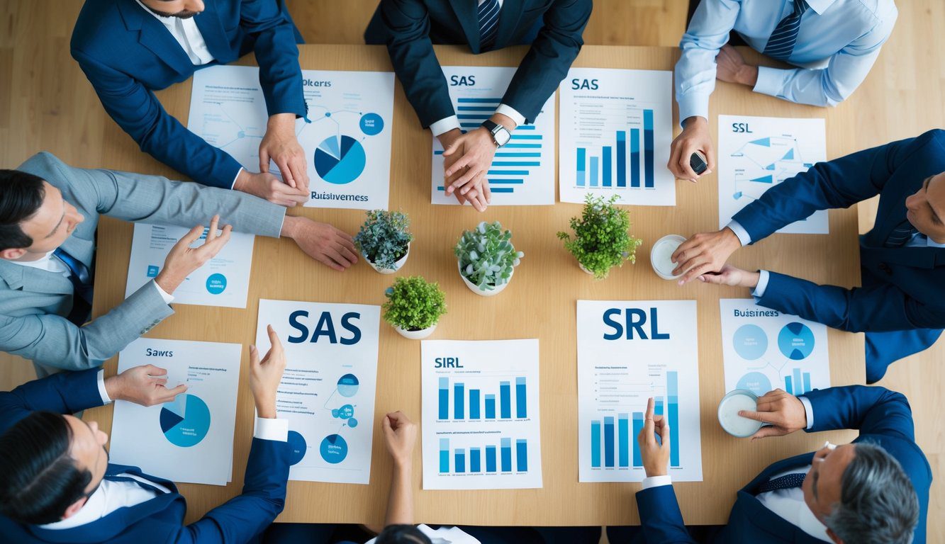 Un gruppo di persone si è riunito attorno a un tavolo, discutendo e confrontando le differenze tra le strutture aziendali SAS e SRL. Grafici e diagrammi sono sparsi sul tavolo per riferimento.