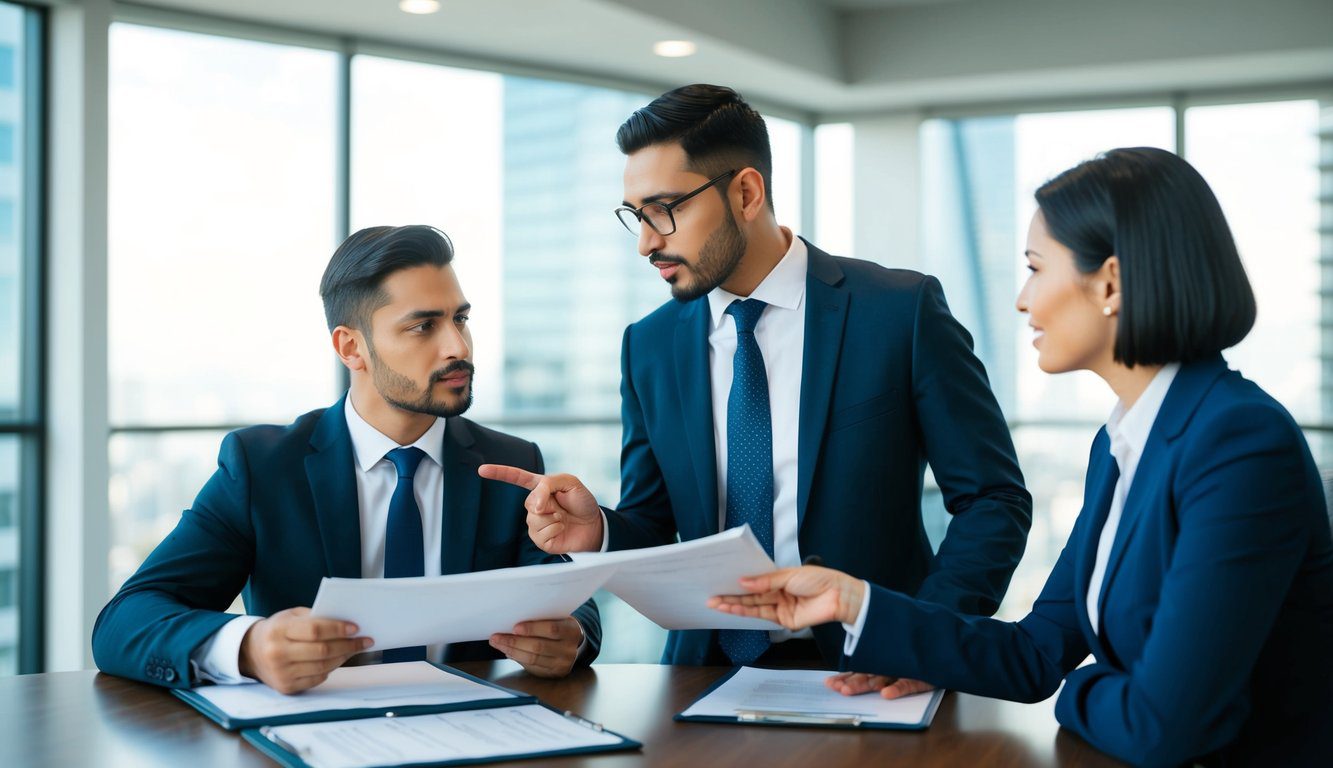 Due individui discutono di affari a un tavolo, uno tiene dei documenti mentre l'altro gesticola e punta a un contratto legale.