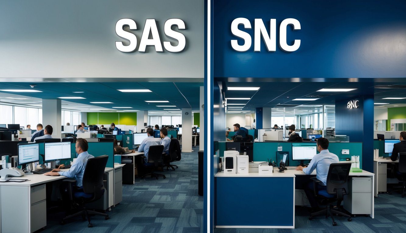 Un ufficio occupato con due sezioni distinte: una etichettata "SAS" e l'altra "SNC." Ogni sezione ha il proprio insieme di dipendenti e postazioni di lavoro, con compiti diversi svolti in ciascuna area.