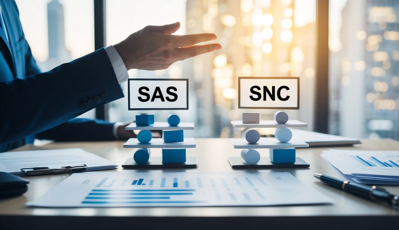 Un confronto tra SAS e SNC in Italia, con documenti legali e grafici su una scrivania, che rappresentano il processo decisionale per scegliere la forma legale appropriata.